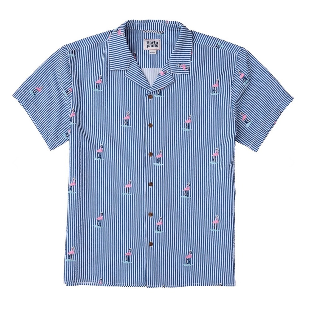 PARTY PANTS Boys Blue/White Chapter Mingo Seersucker Flamingo Embroidered Top M